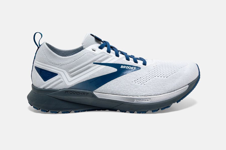 Brooks Running Shoes Mens White/Blue - Ricochet 3 Road - 7416-SQGLO